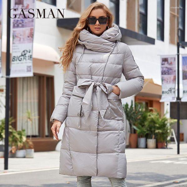 Casacos de trincheira feminina Gasman Winter Down Jacket Women Long Classic Zipper Belt Design Pocket Pocket Capuz Slim Parkas Coat LD-21963