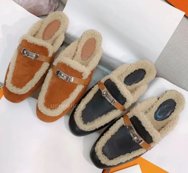 Fivela embelezada camurça chinelos mocassins shearling mules sapatos de dedo fechado sapatos plataforma casual deslizamento em apartamentos para mulheres de couro de bezerro designer de luxo sapato