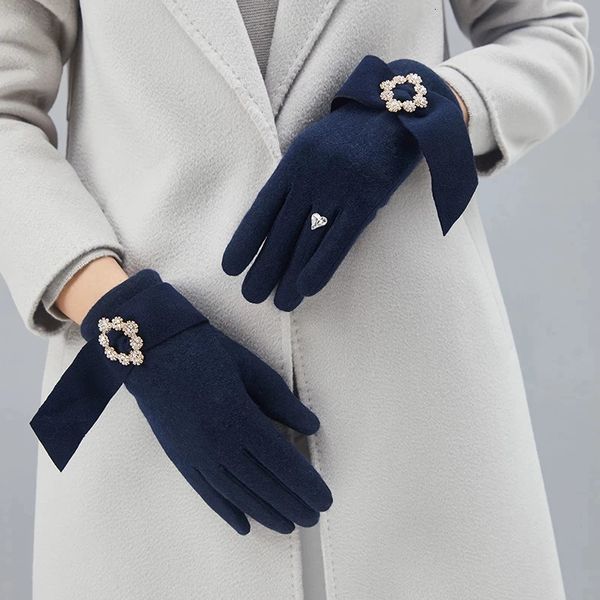 Cinco Dedos Luvas Diamantes De Inverno Gem Lã Malha Quente Touch Screen Mittens Feminino Camada Dupla Mais Pelúcia Cashmere Grosso Conduzindo Luva Preta H70 231118