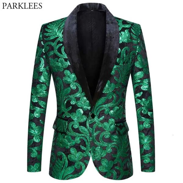 Abiti da uomo Blazer verde lucido floreale con paillettes smoking blazer da uomo con un bottone collo a scialle giacca da abito festa cena matrimonio ballo di fine anno costume cantante 231117