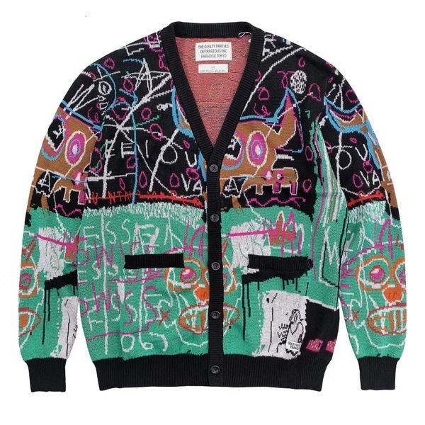 Männer Pullover Koreanischen japanischen stil V-ausschnitt Strickjacke Männer Frauen Hip Hop Volle Graffiti Farbe Passenden WACKO MARIA Pullover mantel Mit Tag 231117