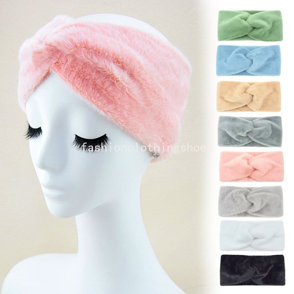 Inverno de pelúcia larga headbands sólido macio quente nó hairbands feminino meninas elástico quente orelha turbantes senhoras pele do falso acessórios para o cabelo