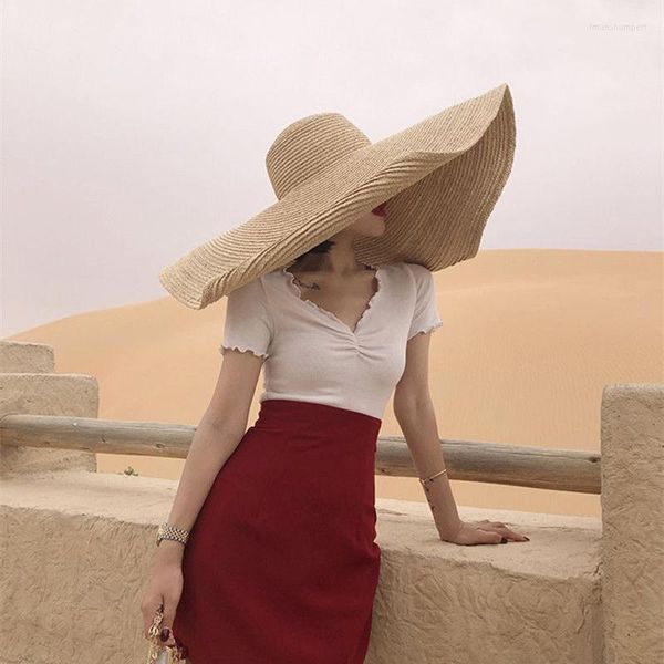 Cappelli a tesa larga 70 cm Paglia super grande per le donne Cappello da spiaggia pieghevole in carta Cappello estivo da sole UV Cap all'ingrosso