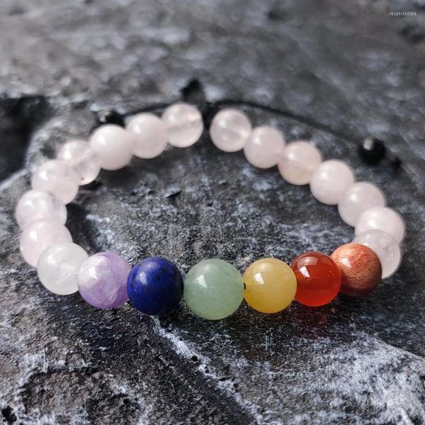 Braccialetti di fascino 7 Chakra Braccialetto di cristallo rosa Preghiera tibetana Guarigione Gemma naturale Perline di pietra Donna Uomo Meditazione Gioielli regolabili