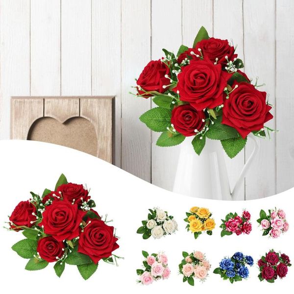 Flores decorativas Fall Fall Artificial Outdoor Bunch Roses Faux Rose Rose Home Party Wedding Decor Bouquet com STEM