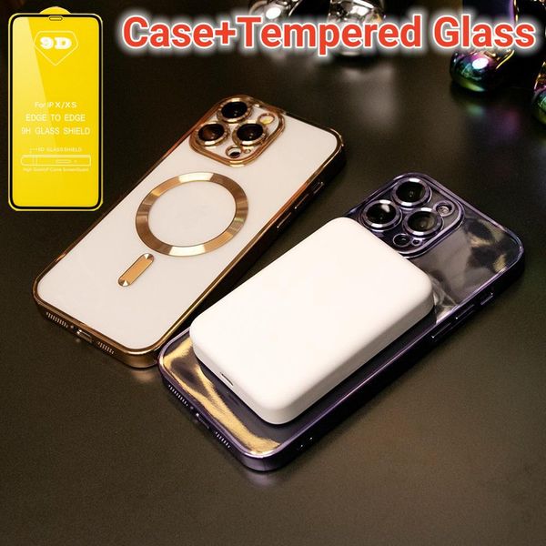 Clear MagSafe Casos magnéticos à prova de choque de revestimento macio com lente de câmera Protetor de filme + proteção de vidro temperado 9D para iPhone 14 13 12 11 Pro Max X Xs XR