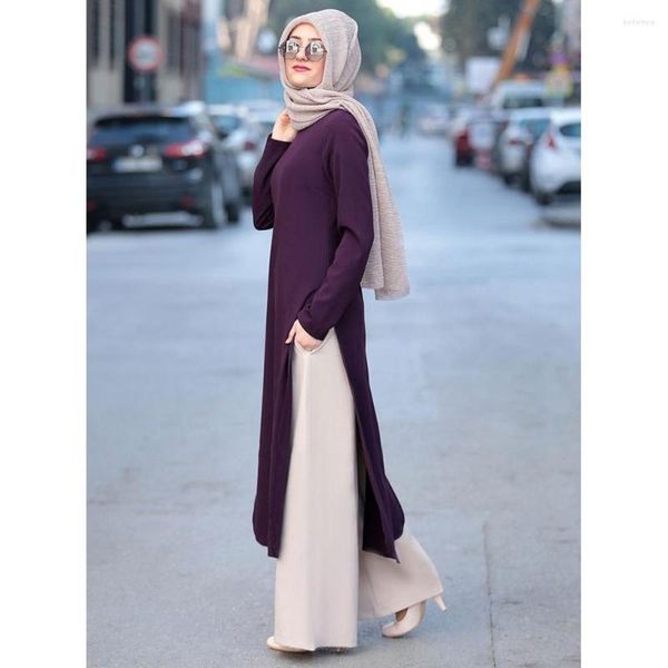 Abbigliamento etnico Donna Spacco laterale Maxi Top Plus Size Abito manica lunga Solid Abaya Ramadan EID Kaftan Robe Marocchino Dubai Islamic Judaic