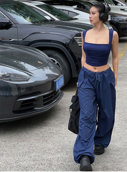 Damenhose Caprihose Momoluna Damen Madison Beer Baggy Low Waist Parachute Cargo Pants Wide Leg Sweatpants Drawstring Hippie Joggers Weiße Hose 230417