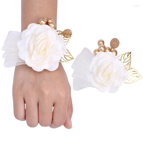 Dekorative Blumen Exquisite Braut und Brautjungfer Handgelenk Blume Simulation Band Perle Wald Hochzeit Zubehör Mann Corsage XH725