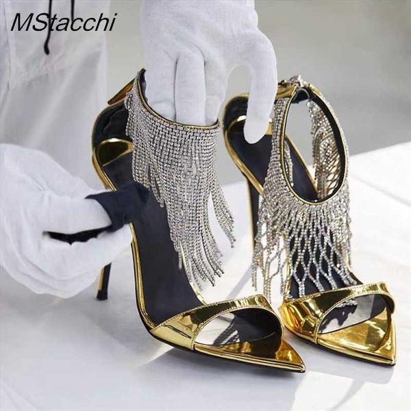 Sandalet Rhinestone Fringe Kadınlar Lüks Marka Sivri Ayak Toe Yüksek Topuklu Tasarımcı Ayakkabı İnce Slingback Seksi Striptizci 230406