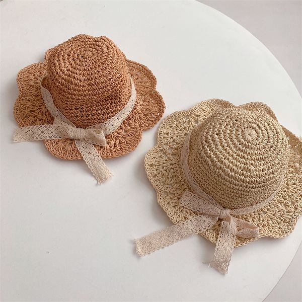 Caps Hüte Mode Baby Petal Brim Stroh gewebter Hut Sonnenschutz Spitzenkappe Kinder Mädchen Prinzessin zusammenklappbarer Strand niedliche Säuglings-Eimer-Hüte 230418