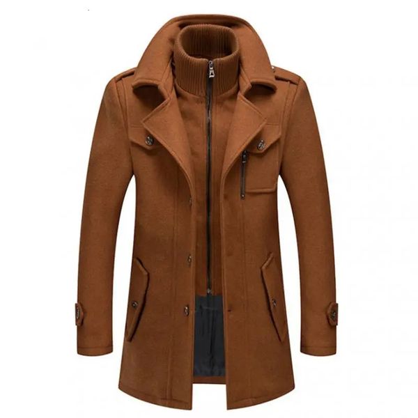 Misturas de lã masculina casaco de inverno moda masculina gola dupla jaqueta grossa único breasted trench casacos casuais 231118