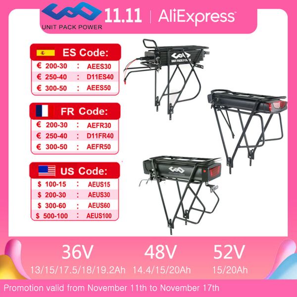 Arka Raf Ebike Bataryası 52V 48V 36V 20AH 18AH 15AH Elektrikli Bycicle Batayı Paketi Bafang 1800W 1500W 1000W 750W 500W 350W