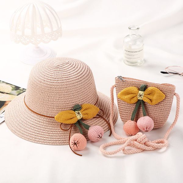 2023 Summer Beach straw bucket hat and Bag Set for Girls - Sun Visor straw bucket hat with Straw - Ideal for Students and Babies