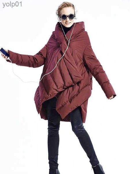 Parka da donna in piumino invernale marchio di moda asimmetrico lunghezza sopra il ginocchio più lungo vero piumino d'anatra fe mantello design stile caldo parka in piuma wq638L231118