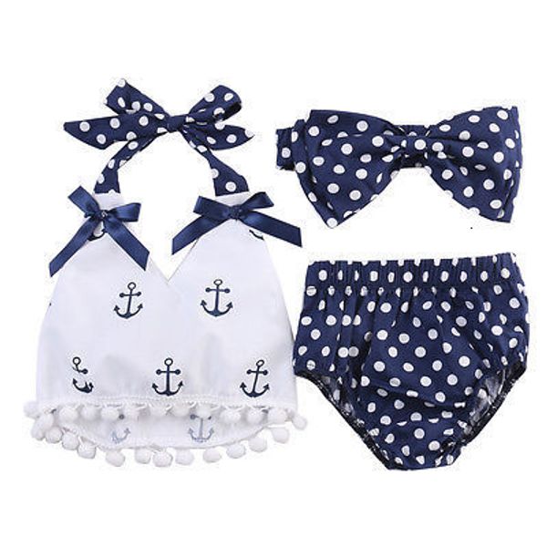 Kleidungssets Citgeett Sommer 3-teiliges Set für Kleinkinder, Babys, Mädchen, Anker, Tops, Polka Dot Slips, Kopfband, Outfits, Set, Sunsuit 024M 230418