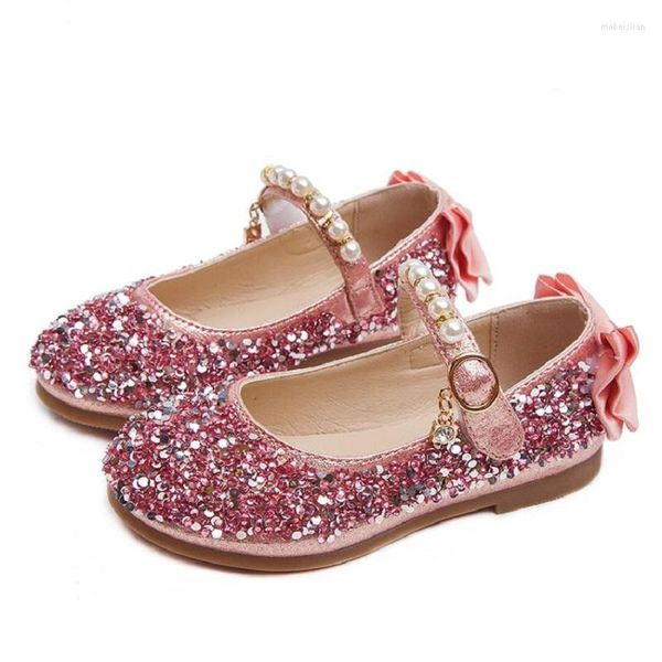 Flache Schuhe Frühling Kinder Kinder Mädchen Schleife hinten Perle schmücken Glitzer Prinzessin Leder rosa silber