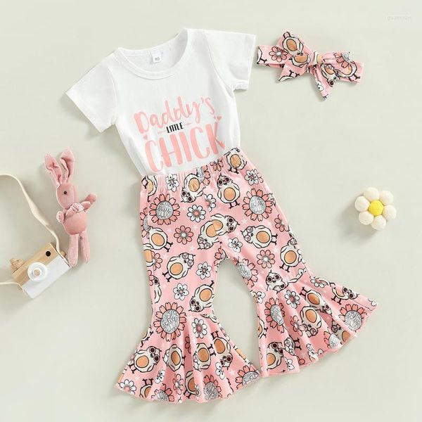 Set di abbigliamento Summer Toddler Neonate Vestito pasquale Bianco Manica corta O Collo Top Pantaloni svasati con stampa di pollo Vestiti per fascia