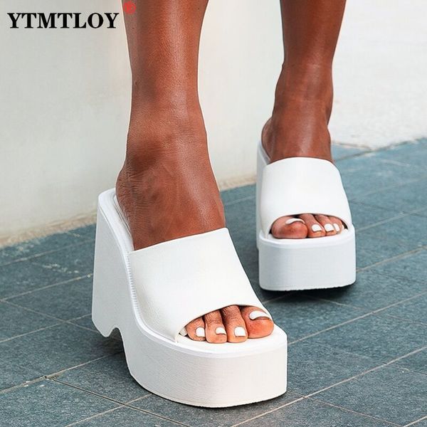 Slippers Big Size 43 verão preto branco salto robusto Mules Heels High Heels Leisure Trendy Wedges Sandals Sapatos para mulheres 230418