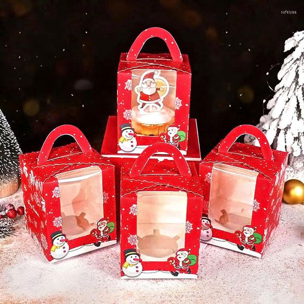 Geschenkverpackung 4 Stück Weihnachtskuchenbox Gebäck Cupcake Takeaway Boxen mit Griff Fenster Muffin Paket Dekor Weihnachten Jahr Navidad