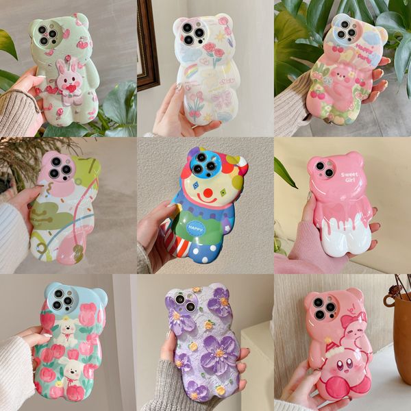 3D Cute Cartoon Bear Custodie Gelato rosa Fusione Graffiti Fiori Farfalla per iPhone 14 13 Pro Max 13 12 11 Pro X XR XS Max Custodia protettiva in silicone antiurto