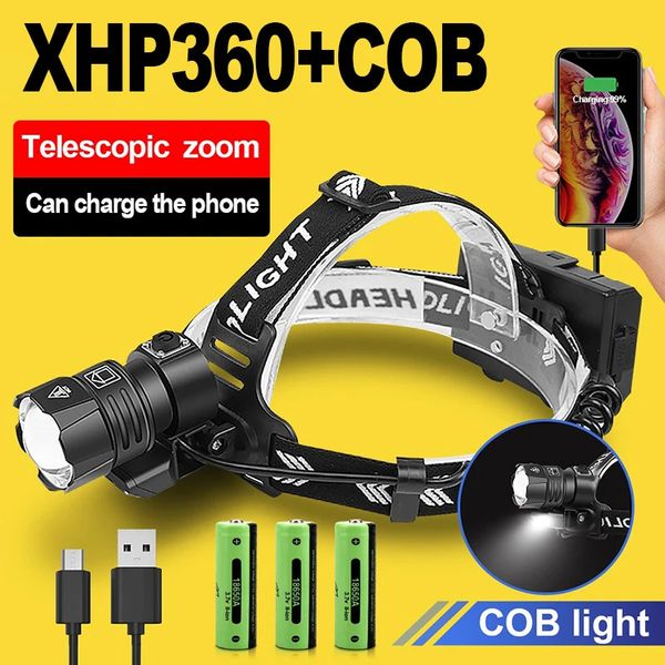 Налобные фонари XHP360 Светодиодный налобный фонарь с зарядкой через USB XHP90 Ultra Bright High Power 18650 Водонепроницаемый 231117