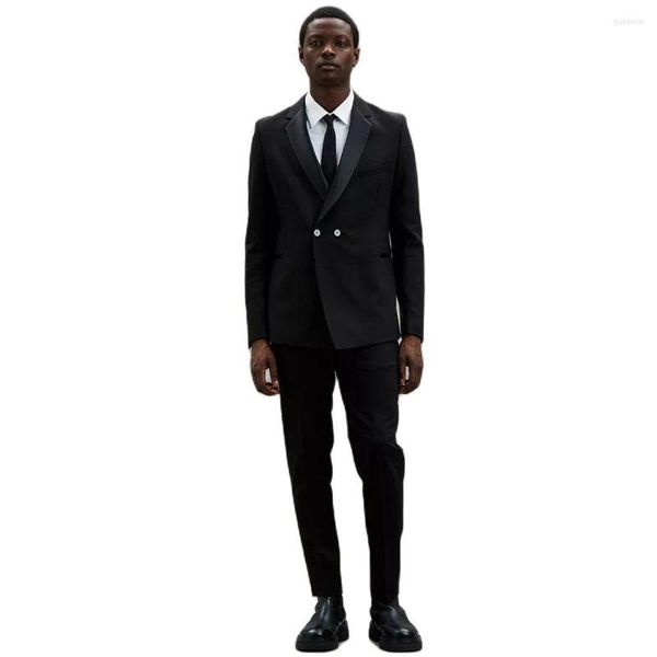 Abiti da uomo stile africano bavero classico da uomo nero su misura doppio petto abiti da sposa da sposo 2 pezzi vestibilità slim (pantaloni giacca)