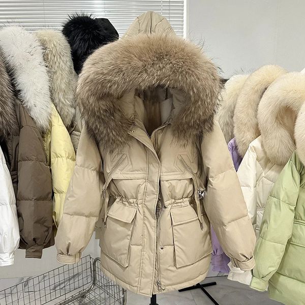 Mulheres para baixo parkas real casaco de pele de guaxinim curto inflável jaqueta 90% pato dalian chapéu inverno grosso pena parque 231118