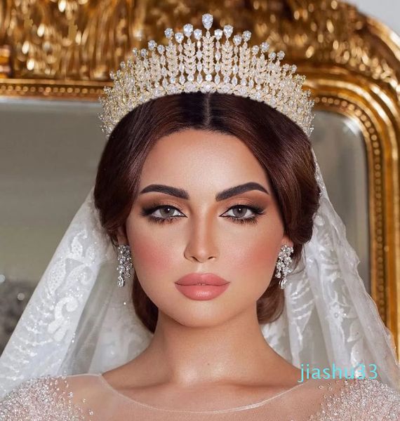 Casamento alto zircônia cúbica rainha concurso coroas aniversário headpiece acessórios de cabelo presentes para mulheres ouro