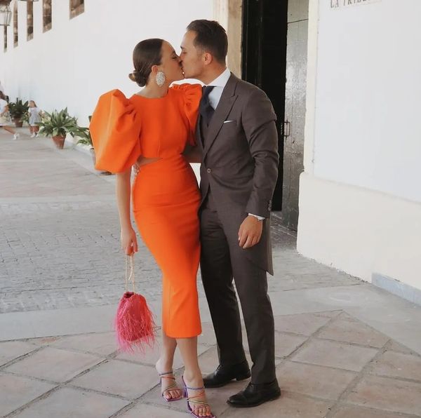 Elegante abito da sera da donna arancione formale maniche corte a sbuffo in raso lunghezza tè abito da festa di compleanno abiti da ballo 2024 arabo Robe De Soiree