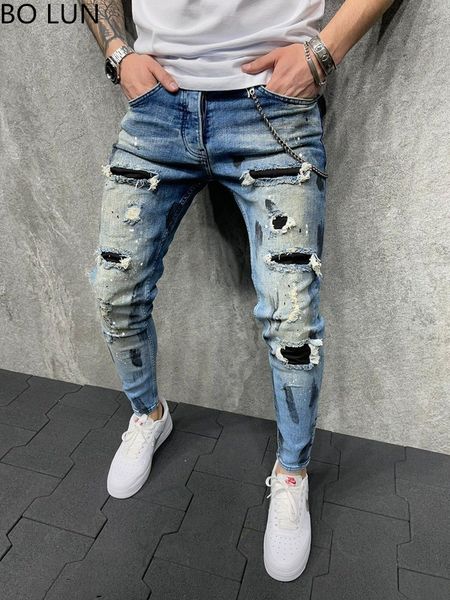 Jeans masculinos jeans skinny homens pintados trechos magros raspados rasgados angustiados joelheiros calças de jeans da marca de calças casuais 230418