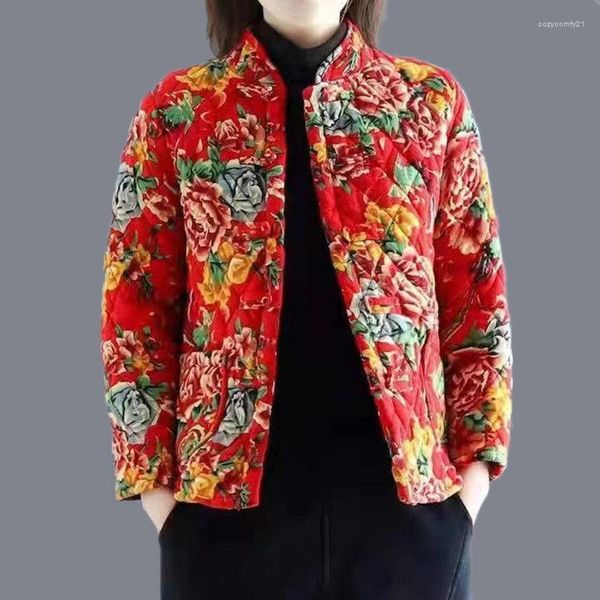 Kadın Ceketleri Kısa Retro Büyük Çiçek Pamuklu Yastıklı Ceket Kadınlar Çin tarzı Şakayık Sonbahar Kış Kesikli Kapitone Ceket Mujer