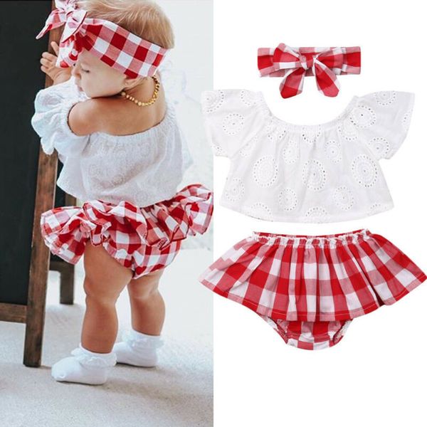 Kleidungssets Lioraitiin 3-teiliges Set 024M geboren Baby Mädchen Kleidung niedlich Sommer schulterfrei Spitzenoberteile rot kariert kurzes Kleid Stirnband Outfit 230418