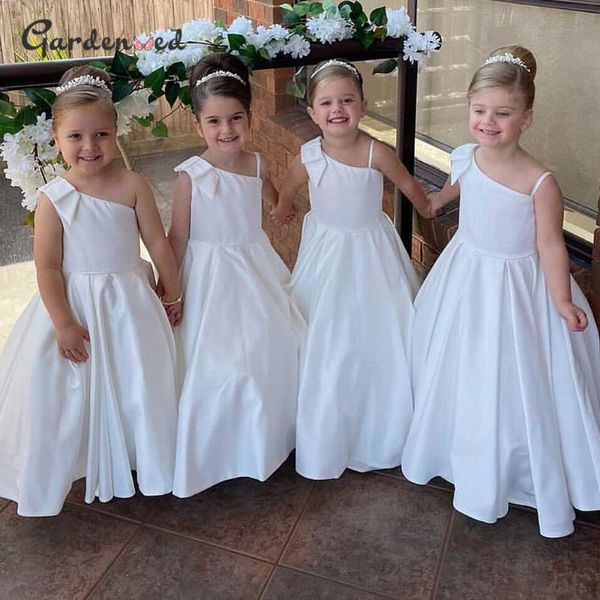 Vestido de menina vestido de flor branca de menina arco de linha um ombro para meninas fofo para festa de casamento primeiro vestido de comunhão