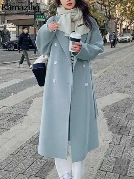 Женское шерстяное пальто на осень-зиму, свободное шерстяное пальто для женщин, повседневная однотонная верхняя одежда с поясом, корейская мода, шикарное пальто Fe, одеждаL231118