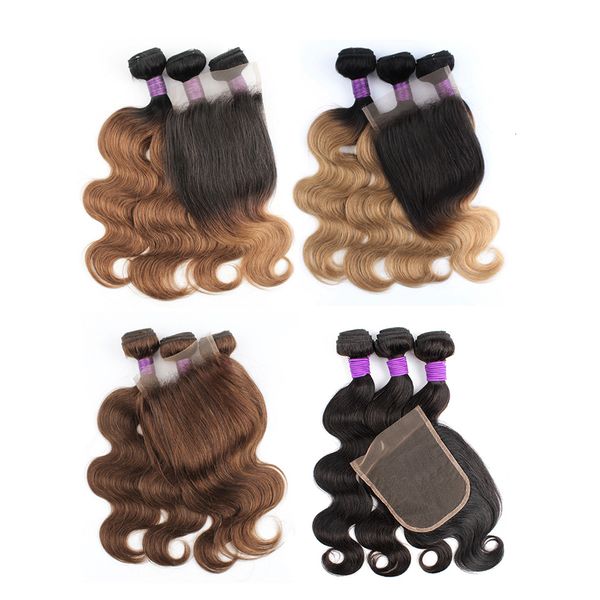 Hair Wefts 3 Bundles with Closure Transparent Lace 200g Set Body Wave Black Brown Blonde Ombre Remy Human Weave Extension Mogul 230417