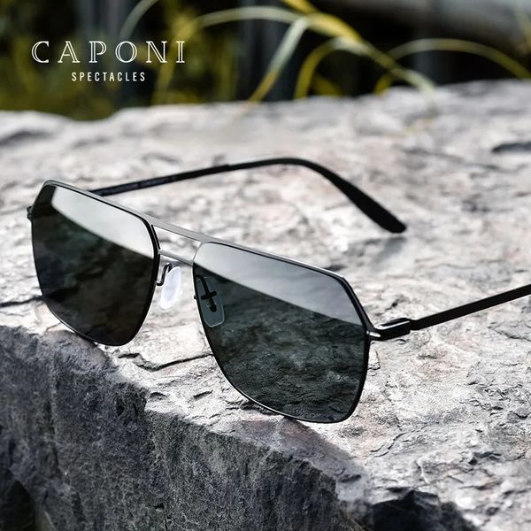 Güneş Gözlüğü Caponi Erkek Güneş Gözlükleri Polarize Kare Naylon Lens UV Koru Siyah Kesim Tonları Erkek Yok Vidalı Tasarım Sürüş Güneş Gözlüğü CP2007 231118