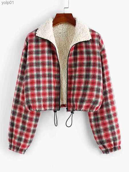 Damen Daunenparkas ZAFUL Wintermantel Frauen Plaid Faux Shearling Gefüttert Drstring Reißverschluss Jacke Sherpa Flauschig Warm Umlegekragen OutwearL231118