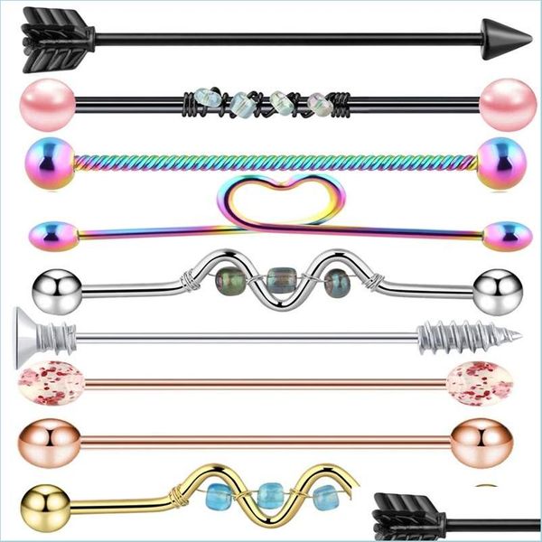 Göbek çan düğmesi halkaları 9pc 14g Endüstriyel Barbell Piercing Ear Kıkırdak Helix Stud Düz Uzun Bar Küpe Vücut Takı Kadınlar Dhwix