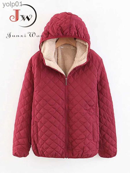 Parkas femme Automne hiver Parkas manteau vestes Fe agneau à capuche Plaid longue Sle chaud hiver veste S ~ 3XL casaco femininoL231118