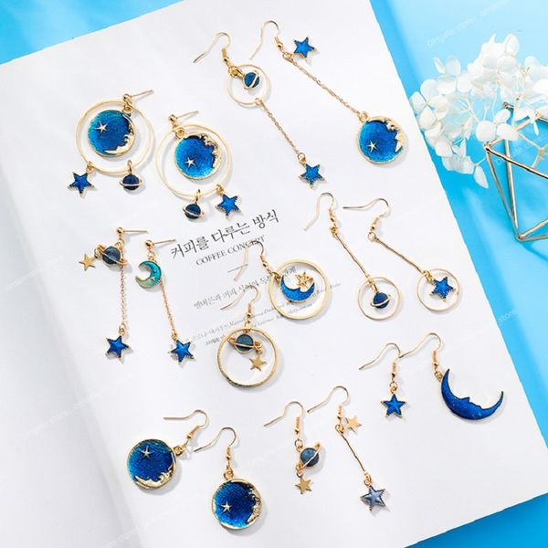 Nuovo Fashion Blue Space Universe Orecchini a stella Moon per donne Gold Color Universe Planet Circle Asimmetria Orecchini lunghi orecchini Orecchini Orecchini Donne Donne