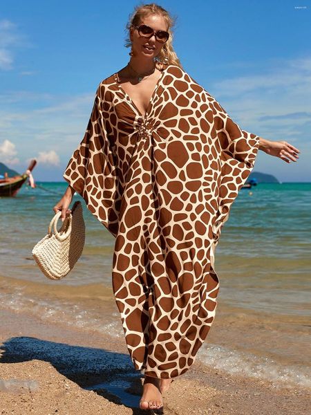 Roupas de banho feminina estampa verde de leopardo de verão boho vestido de natação de roupas de natação 2023 kanfans de plage sarongue biquíni litoral de roupas de praia túnica