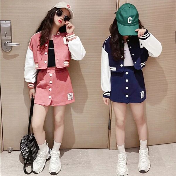 Kleidung Sets Mädchen Rock Frühling und Herbst Sport Set Baseballuniform Jacke Kurzer Rock Zweiteiliger koreanischer Kinderanzug 230417