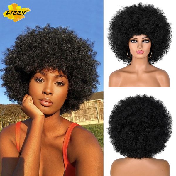 Синтетические парики короткие афро извращенные вьющиеся волосы для чернокожих женщин Африканские пушистые и мягкие натуральные высокотемпературные парики Lizzy 230417