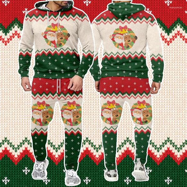 Camisolas masculinos Clue de Natal com capuz e calça de 2 peças Conjunto de 2 peças UE Tops Roupas de Natal Roupas 3D Pullover personalizado