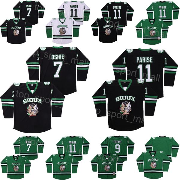 Hóquei universitário Dakota do Norte Fighting Sioux Jersey 9 Jonathan Toews 11 Zach Parise 7 TJ Oshie Ross the Rhea 3 ST Johns Shamrocks Verde Preto