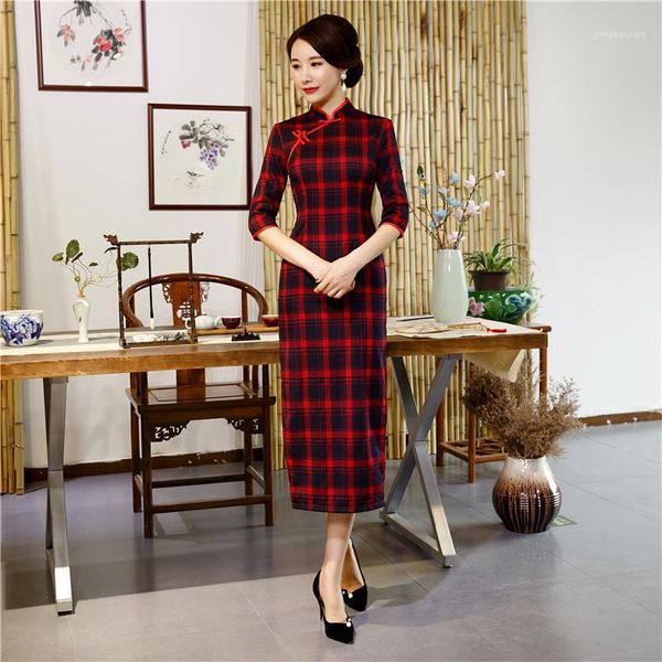 Ethnische Kleidung Shanghai Story 2023 Verkauf Langes Chinesisches Kleid Baumwolle Qipao Plaid Cheongsam Gitter Für Frauen