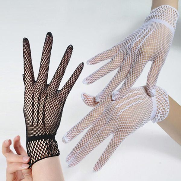 Luvas Five Fingers Fishnet Mesh Luva Moda Feminina Senhora Menina Proteção Renda Estilo Elegante Preto e Branco