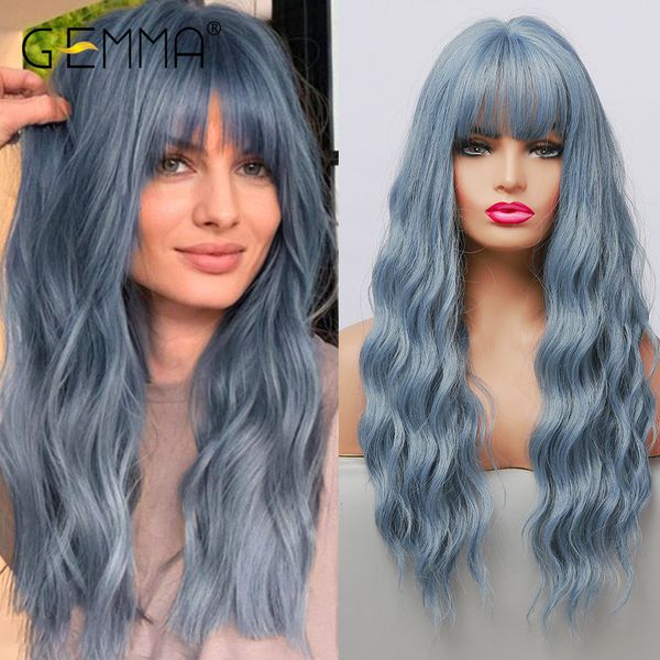 Синтетические парики Gemma Long Water Wave Blue Высокая температура для чернокожих белых женщин Afro Cosplay Party Daily Hair с челкой 230417