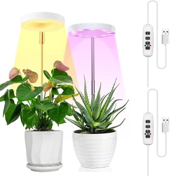 Luzes de cultivo para pequenas plantas internas, LEDs brancos quentes Luz de planta de espectro completa, ajustável com 5V 3A adaptador, níveis de 3/9/12H do temporizador